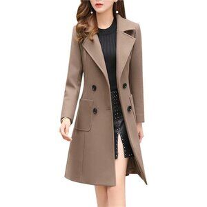 Women Elegant Notched Collar Double Breasted Wool Blend Over Coat XS-XXL
